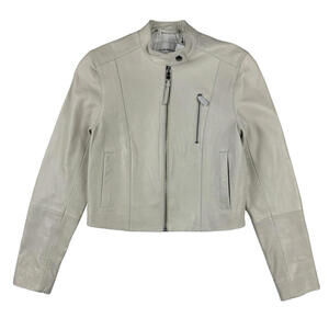 Club Monaco Band Collar Cropped Lambskin Leather Jacket Off White Size XS
